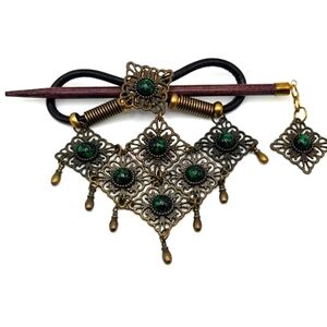 VINTAGE Brass Tone Beaded Dangle Green Stones Hair Barrette Clip Slide Boho